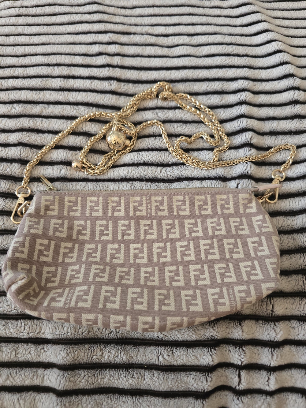 Fendi FF Beige Monogram Canvas Bag with Added Gold Chain